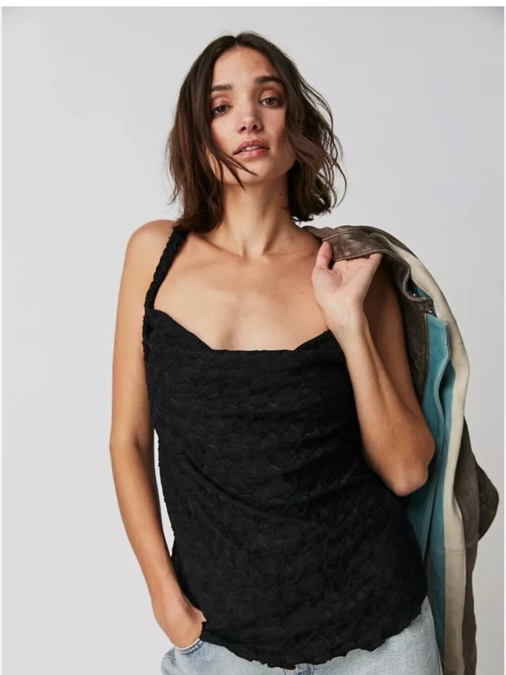 Free People Black Mykonos Textured Tank Blouse cowl neckline size small